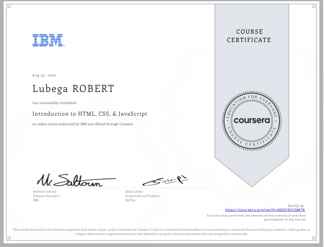 IBM Introduction to HTML, CSS and JavaScript certificate